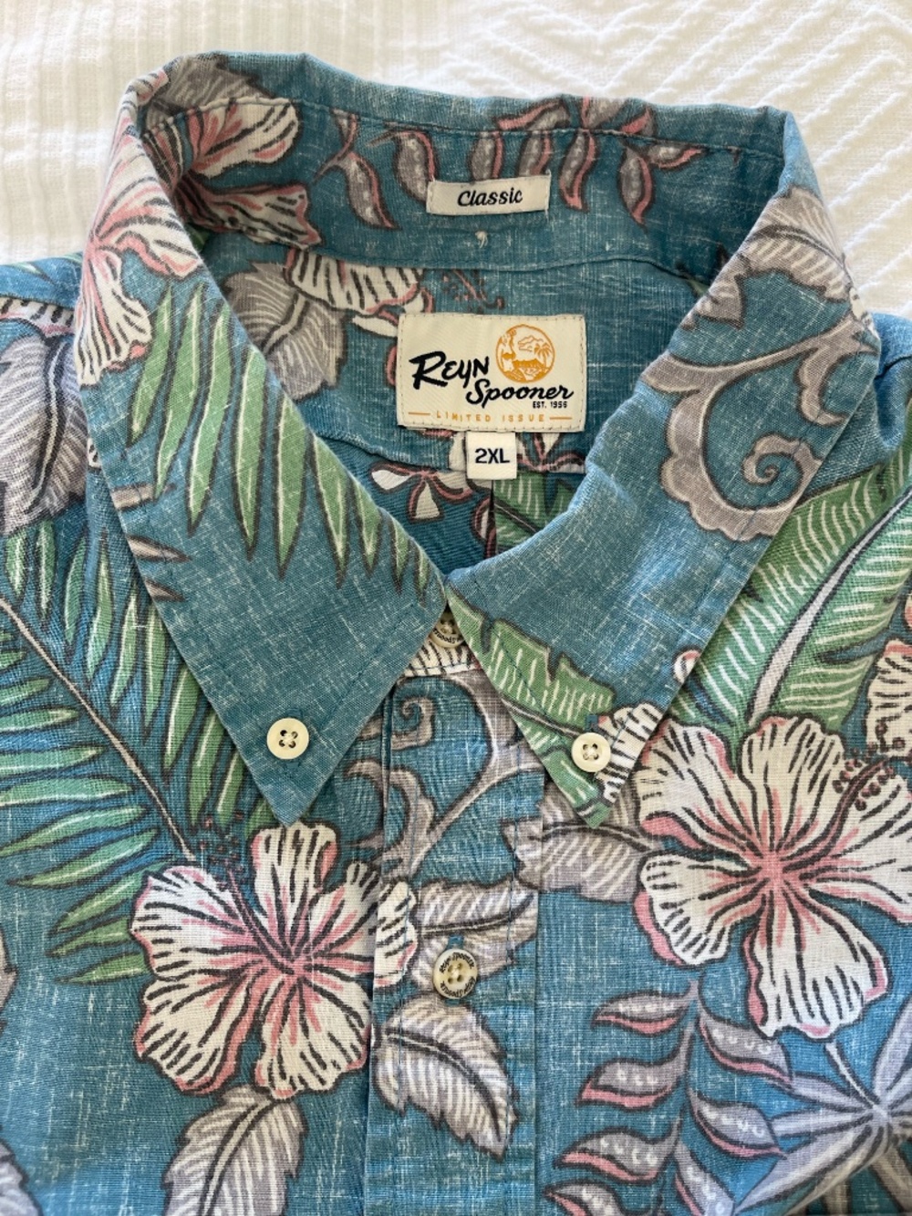 Reyn Spooner Men's 2XL Fancy Biscus Button Down Shirt Cotton Hawaiian Aloha Blue - Picture 4 of 11